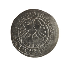 Lithuanian half-grosz, Sigismund I the Old (king of Poland; 1506–1548). Obverse: Pogon turned left;