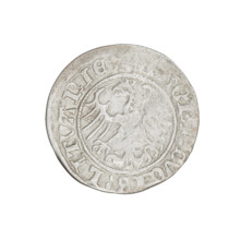 Lithuanian half-grosz, Sigismund I the Old (King of Poland; 1506–1548). Obverse: Pogon turned left;