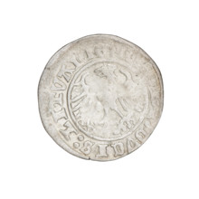 Lithuanian half-grosz, Sigismund I the Old (King of Poland; 1506–1548). Obverse: Pogon turned left;