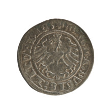 Lithuanian half-grosz, Sigismund I the Old (king of Poland; 1506–1548). Obverse: Pogon (mounted