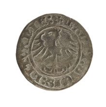 Lithuanian half-grosz, Sigismund I the Old (king of Poland; 1506–1548). Obverse: Chaser turned