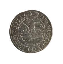 Lithuanian half-grosz, Sigismund I the Old (king of Poland; 1506–1548). Obverse: Pogon (mounted
