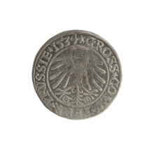 Prussian grosz, Sigismund I the Old (King of Poland; 1506–1548). Obverse: Crowned male bust in