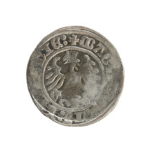 Lithuanian half-grosz, Sigismund I the Old (King of Poland; 1506–1548). Obverse: Pogon (Lithuanian
