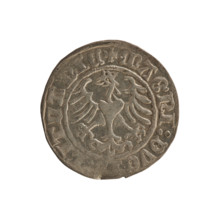 Lithuanian half-grosz, Sigismund I the Old (King of Poland; 1506–1548). Obverse: Pogon (Lithuanian
