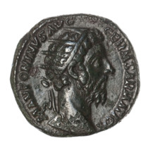 Dupondius of Marcus Aurelius (121–180; Roman emperor 161–180). Obverse: Head of Marcus Aurelius in