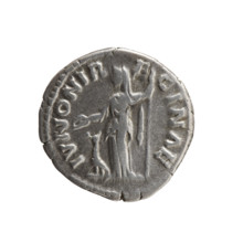 Denarius depicting Bust of Faustina II in drapery facing right, legend FAVSTINA AVGVSTA; reverse: