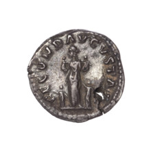 Denarius (with a hole). Obverse: Bust of Faustina the Younger in drapery facing right, legend