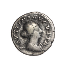 Denarius depicting Faustina the Younger (ca. 130–176; Roman empress 161–176). Obverse: Bust of
