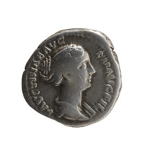 Denarius of Faustina the Younger (ca. 130–176; Roman empress 161–176; Augusta 147–161). Obverse: