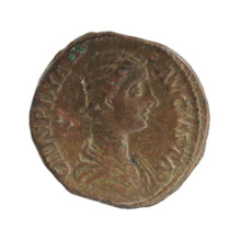 Sestertius of Commodus and Crispina, 178–183 CE. Obverse: Bust of Crispina in drapery to the right,