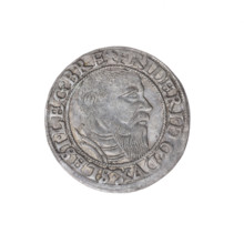 Male bust in armour turned right, with a beard and sideburns; rim between pearly borders with