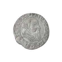 Male bust in armour turned right with a beard and sideburns; in the rim between the pearly borders