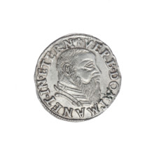 Trojak by Michael Stoltz (fl. ca. 1540–1555), 1544. Obverse: male bust in armour turned right, with