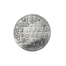 Trojak by Michael Stoltz (fl. ca. 1540–1555), 1544. Obverse: male bust in armour turned right with