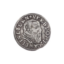 Male bust in armour turned right, with a beard and sideburns; on the rim in a pearl border an
