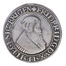 Thaler by Michael Stoltz (fl. ca. 1540–1555), 1542. Obverse: male bust of Frederick II, Duke of