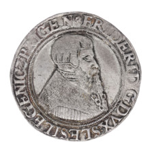 Thaler by Michael Stoltz (fl. ca. 1540–1555), 1546. Obverse: male bust of Frederick II, Duke of