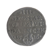 Gdansk troika, Sigismund I the Old (King of Poland; 1506–1548). Polish coin, 1536. Obverse: Crowned
