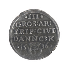 Gdansk troika, Sigismund I the Old (King of Poland; 1506–1548). Polish coin (trojak) dated 1536.