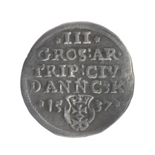 Gdansk trojak, Sigismund I the Old (King of Poland; 1506–1548). Obverse: Crowned male bust in