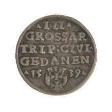 Gdansk troika, Sigismund I the Old (King of Poland; 1506–1548). Polish coin, 1539. Obverse: Crowned
