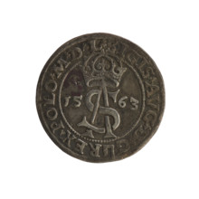 Lithuanian trojak, Sigismund II Augustus (king of Poland; 1544–1572). Aw: Under the crown a tied