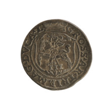 Lithuanian trojak, Sigismund II Augustus (king of Poland; 1544–1572); obverse under the crown: tied