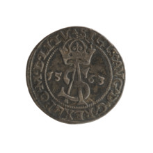 Lithuanian trojak, Sigismund II Augustus (king of Poland; 1544–1572). Aw: Under the crown a tied