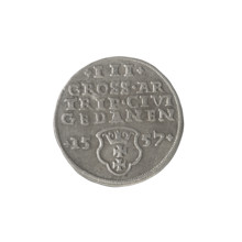 Gdansk trojak, Sigismund II Augustus (King of Poland; 1544–1572). Obv.: Crowned male bust in