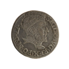 Lithuanian trojak, Sigismund II Augustus (King of Poland; 1544–1572). Obverse: crowned male bust in