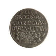Lithuanian trojak, Sigismund II Augustus (King of Poland; 1544–1572). Obverse: crowned male bust in
