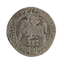 Lithuanian trojak, Sigismund II Augustus (King of Poland; 1520–1572). Obverse: crowned male bust in