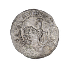 Bracteate, 1135–1138. Obverse in a pearl border: on the left, a kneeling prince shown in profile