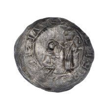 Bracteate depicting Boleslaw III Krzywousty (Prince of Poland; 1086–1138). In a pearl border, on