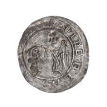Bracteate, 1135–1138. Obverse in a pearl border: on the left, facing right, a kneeling prince shown