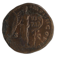 Sestertius of Lucius Verus (130–169; Roman emperor 161–169). Obverse: Head of Lucius Verus in a