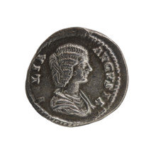 Denarius of Julia Domna (ca. 160–217). Obverse: Bust of Julia Domna right, pearl rim, inscription