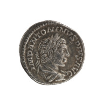 Denarius of Elagabalus (reigned 218–222 CE), 220–222. Obverse: Bust of Elagabalus with laurel