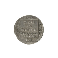 Silver crown groschen, 1767. Obverse: in a square frame under a crown, a tied monogram composed of