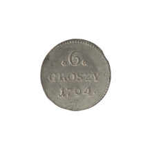 Crown six-coin, Stanislaw August Poniatowski (King of Poland; 1732–1798). Obverse: Under the crown