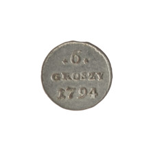 Crown six-coin, Stanislaw August Poniatowski (King of Poland; 1732–1798), 1794. Obverse: Under the