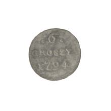 Crown six-coin of Stanislaw August Poniatowski (King of Poland; 1764–1795), 1794. Obverse: Under