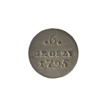 Crown six-coin, Stanislaw August Poniatowski (King of Poland; 1732–1798), 1795. Obverse: Under the