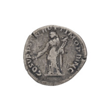 Denarius of Emperor Trajan (53–117; ruled 98–117). Obverse: head of Trajan in laurel wreath facing