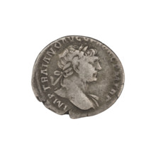 Denarius, Trajan (53–117; Roman emperor 98–117). Obverse: head of Trajan in laurel wreath facing