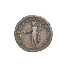 Denarius; Obverse: bust of Trajan facing right, wearing a laurel wreath and robe; rim inscription