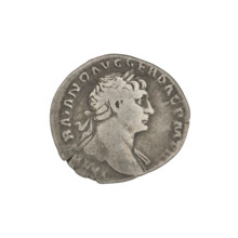 Denarius of Trajan (53–117 CE; Roman emperor 98–117). Obverse: head of Trajan right, decorated with
