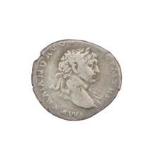 Denarius of Trajan (53–117; Roman emperor 98–117). Obverse: head of Trajan right, decorated with a
