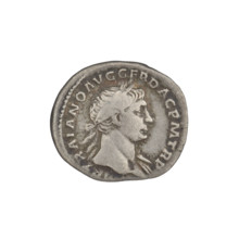 Denarius, Trajan (53–117; Roman emperor 98–117). Obverse: head of Trajan right, laurel wreath; rim